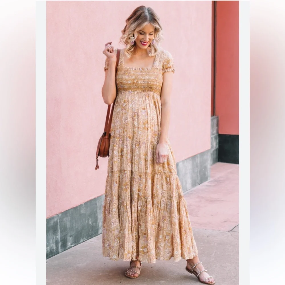 Free People getaway babydoll ruched Mustard tiered Floral Maxi Dress S